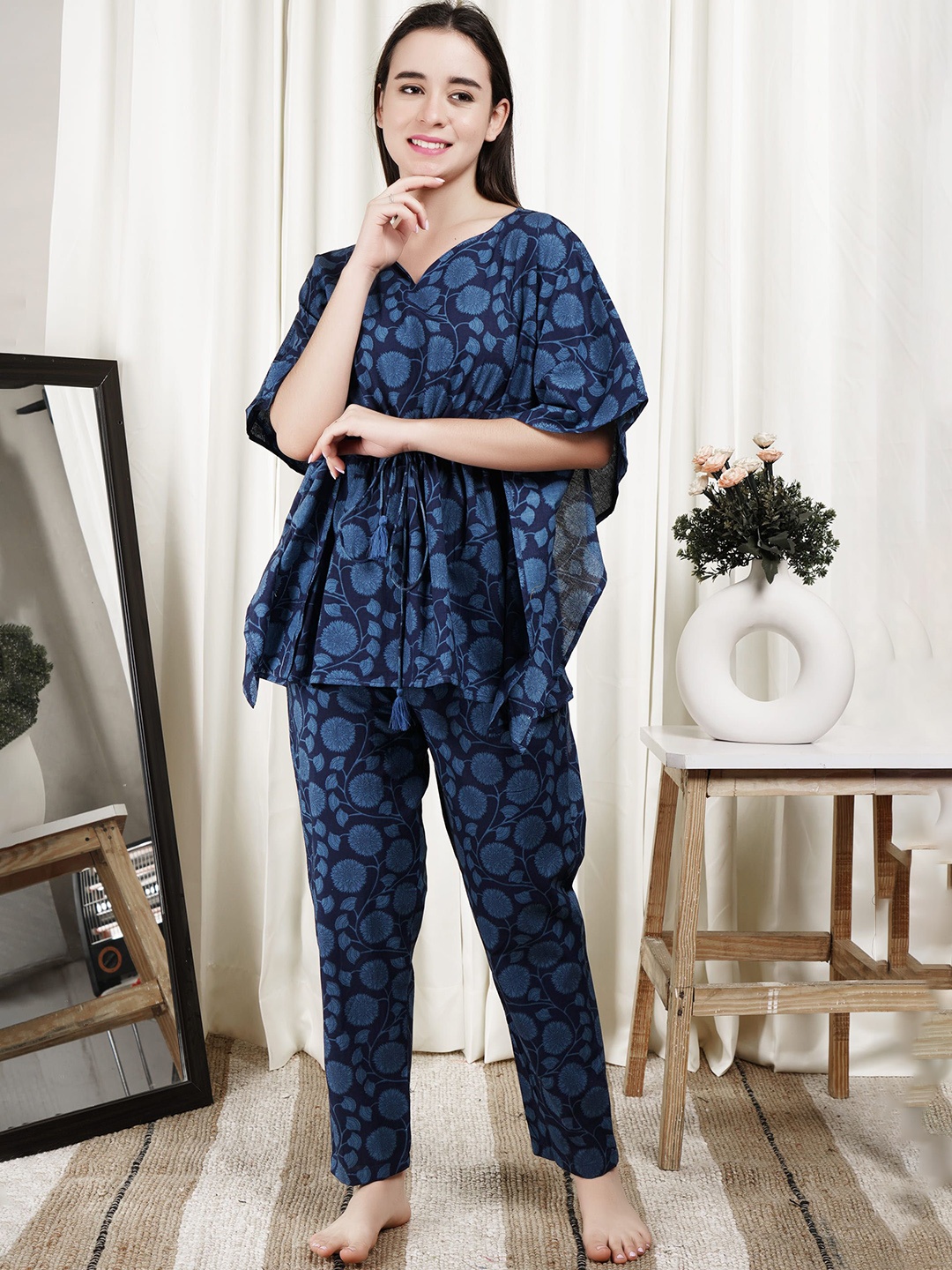 

ALLEN WEAVE Women Floral Printed Kaftan Night suit, Navy blue
