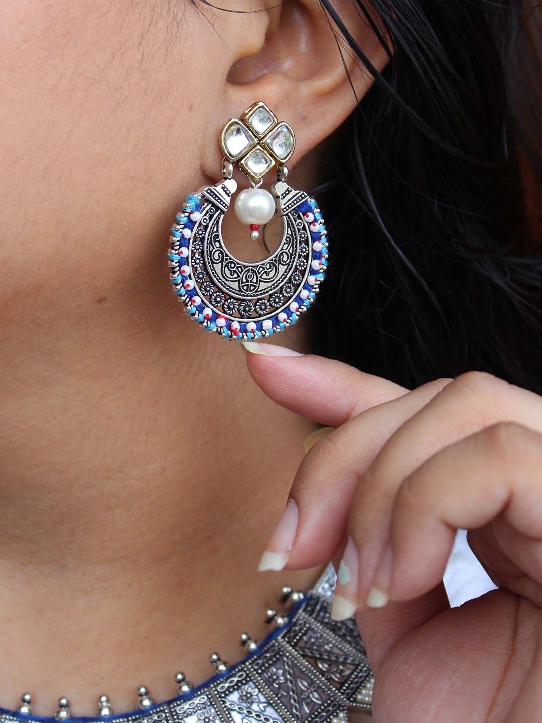 

BeAbhika Silver-Plated Pearl Beaded Crescent Shaped Chandbalis