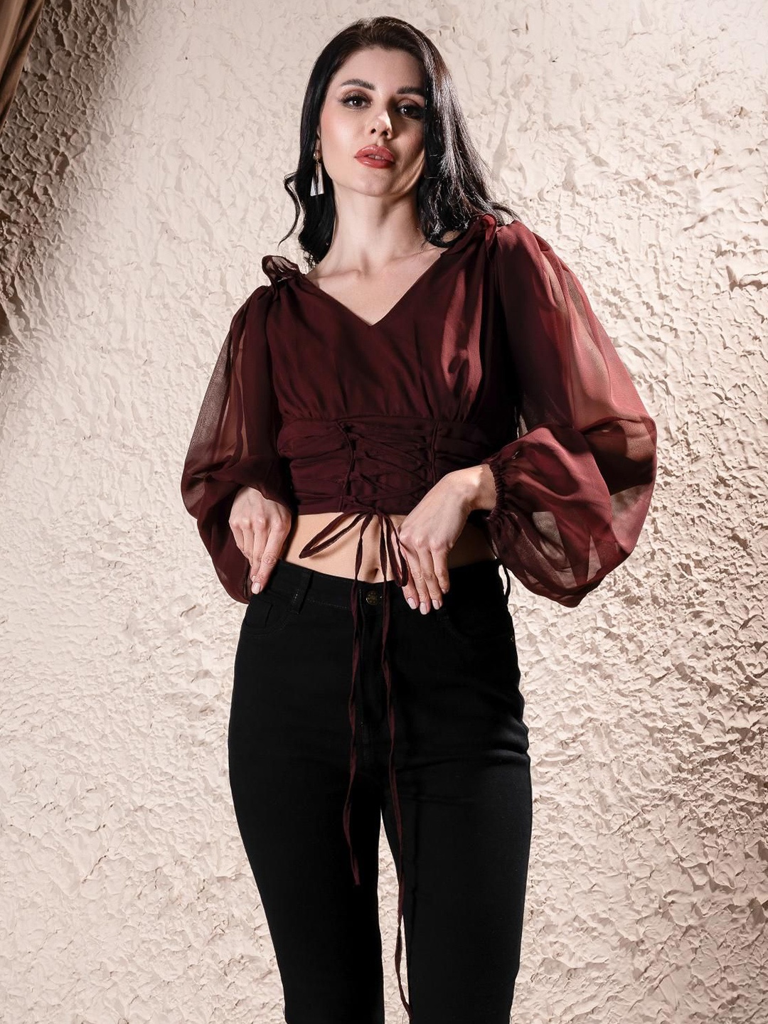 

Sacai Women Solid V-Neck Top, Brown