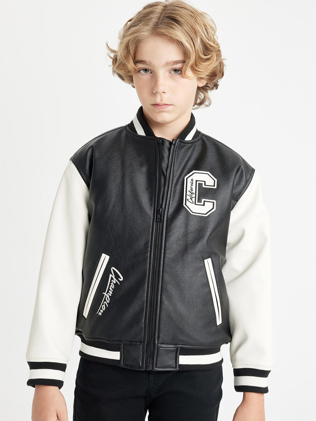 

DeFacto Boys Typography Printed Crop Bomber with Patchwork Jacket, Black