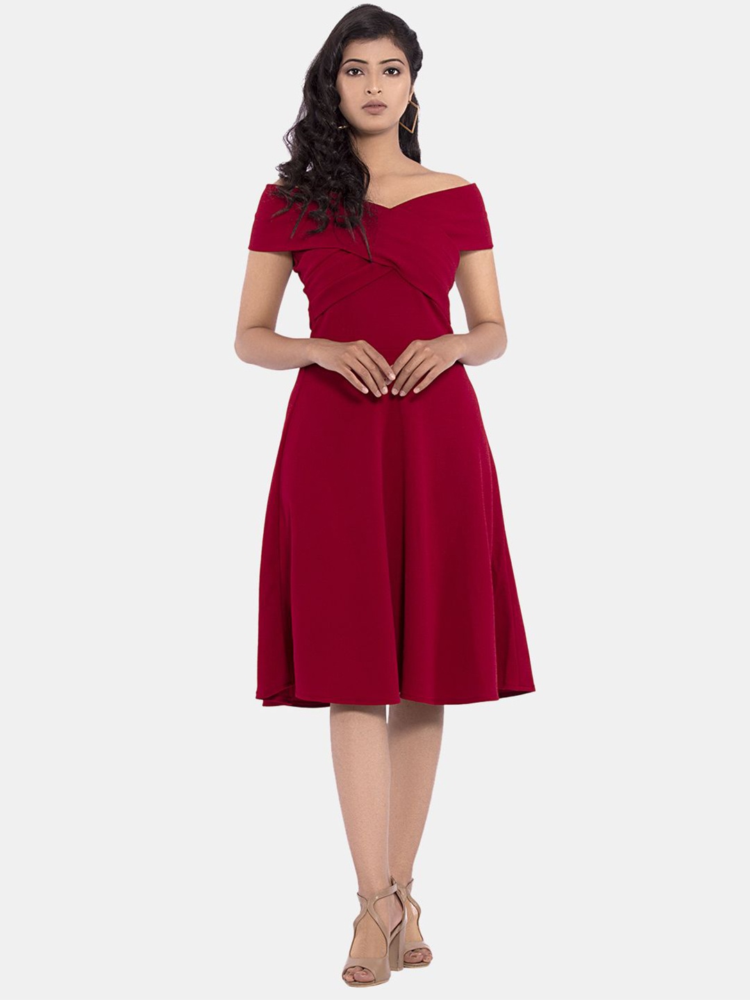 

Golden Kite Women Off-Shoulder Sleeveless A-Line Dress, Maroon