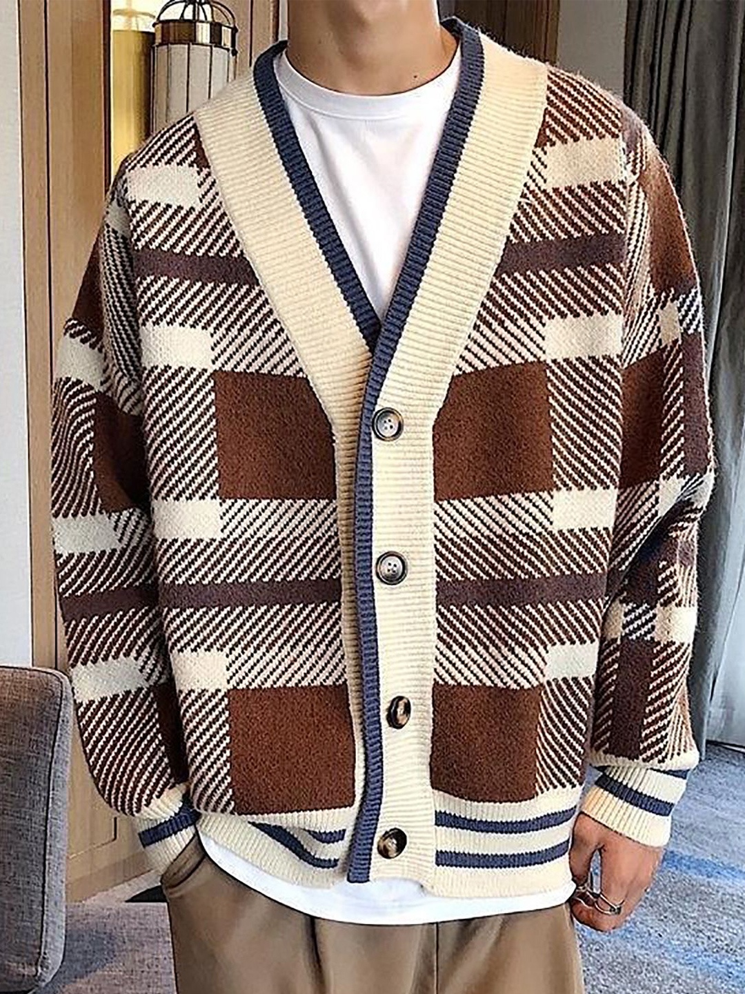 

StyleCast x Revolte Men Cable Knit Checked Cardigan, Brown