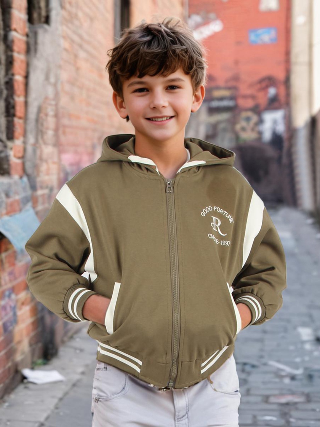 

INCLUD Boys Typography Printed Hooded Front-Open Sweatshirt, Olive