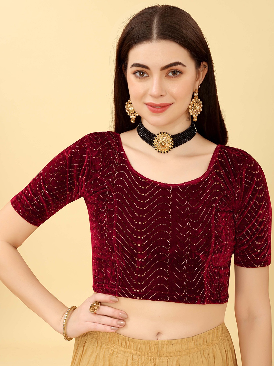 

Krimmple Women Embellished Saree Blouse, Maroon