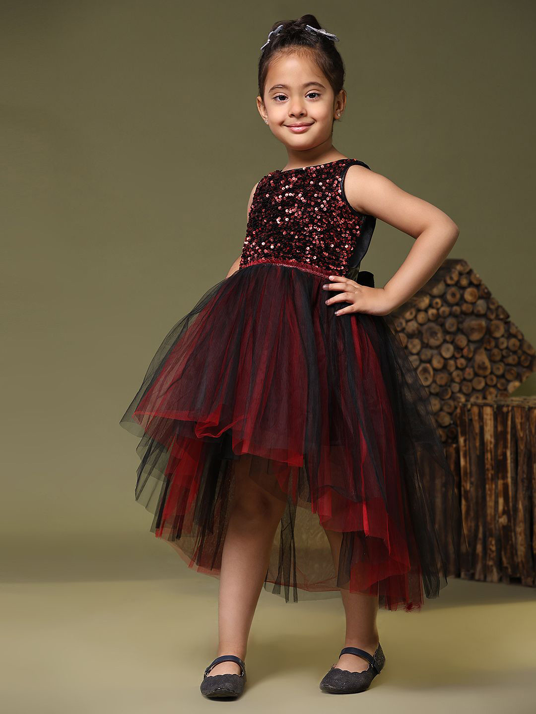 

Toy Balloon kids Girls Boat Neck Self Design Sequined Embellished Fit & Flare Dress, Black