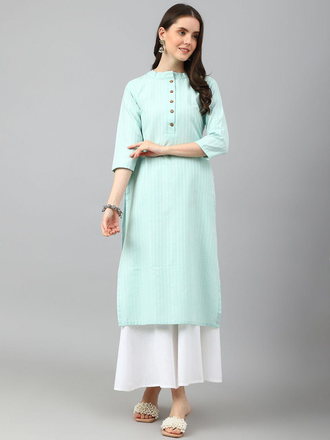 

KALINI Striped Woven Design Mandarin Collar Three-Quarter Sleeves Straight Kurta, Turquoise blue