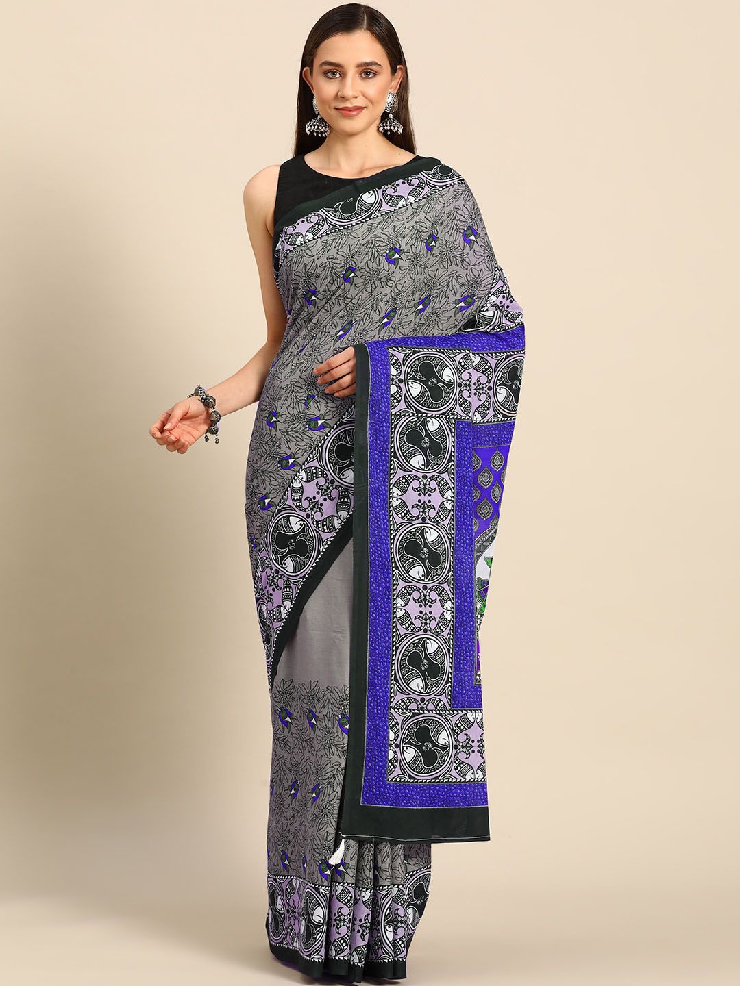 

BUTA BUTI Floral Printed Pure Cotton Saree, Navy blue