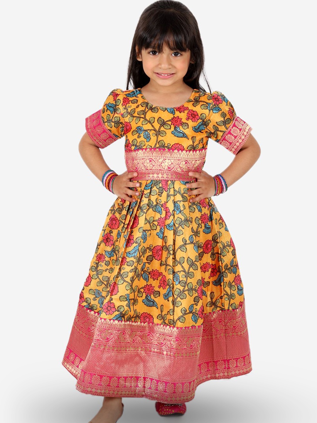 

BownBee Girls Floral Printed Round Neck Silk Fit And Flare Dress, Yellow