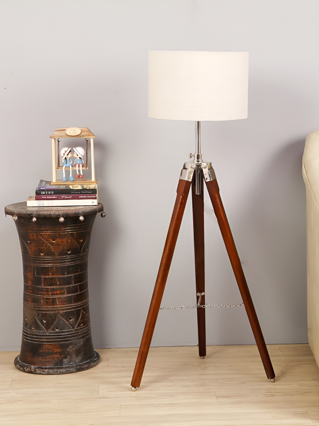 

pristine interiors Brown & Beige Wanlut Polish Tripod Wooden Floor Lamp With Shade