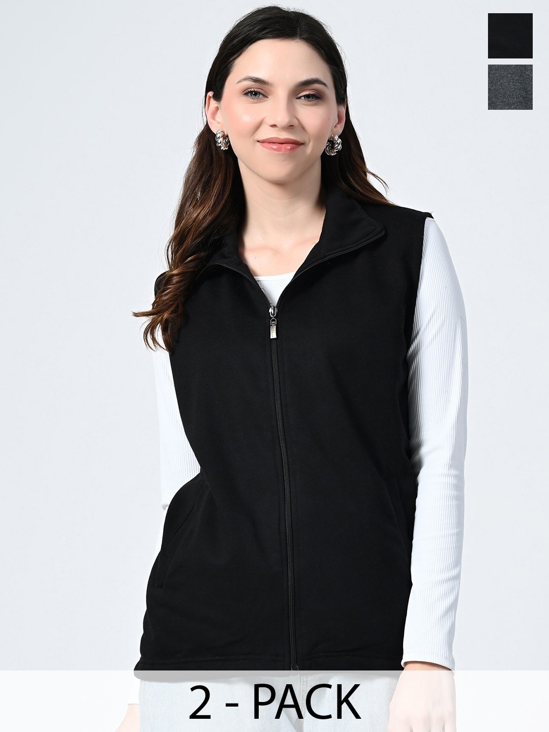 

BAESD Women Pack of 2 Mock Collar Fleece Lightweight Open Front Jacket, Black