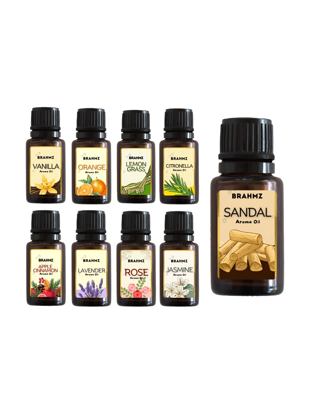 

Brahmz Black 9 Pieces Essential Oils for Diffusers Natural Aromatherapy - 30 ml, Transparent