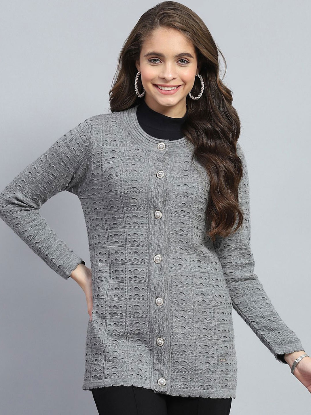 

Monte Carlo Women Cable Knit Woollen Cardigan, Grey