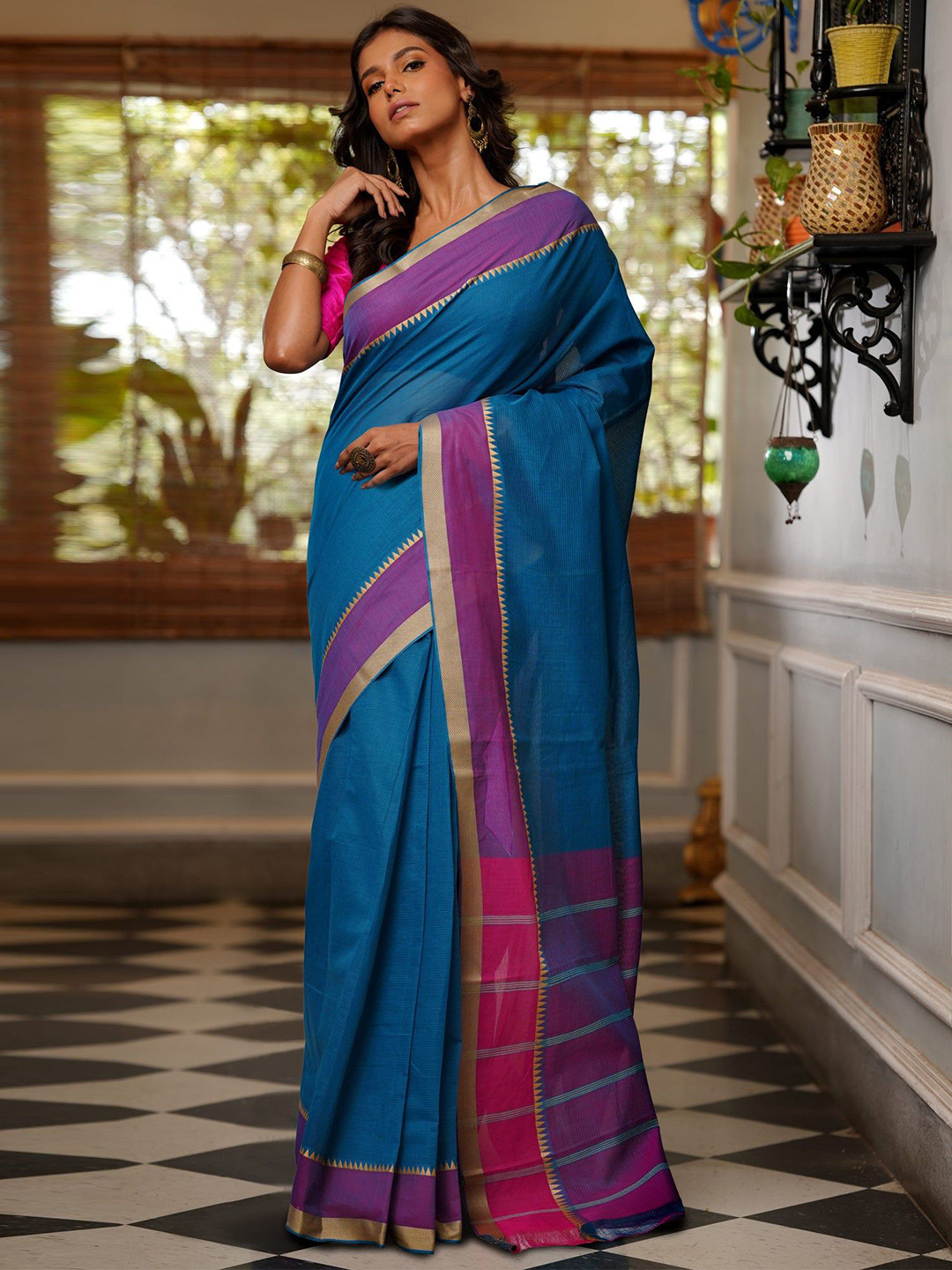 

Unnati Silks Zari Pure Cotton Handloom Mangalagiri Saree, Blue