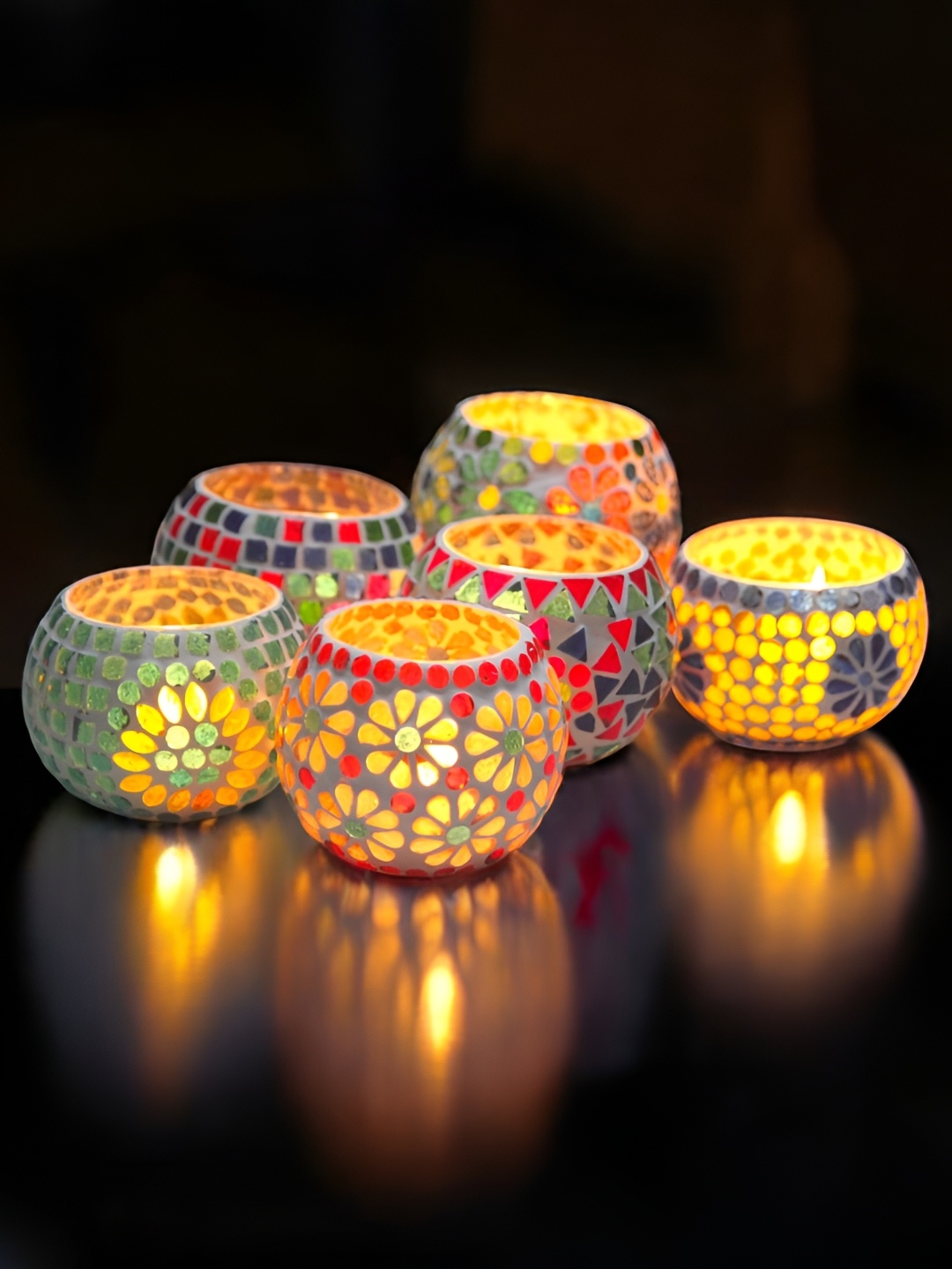 

Brahmz White & Blue 6 Pieces Ethnic Glass Mosaic Candle Holders