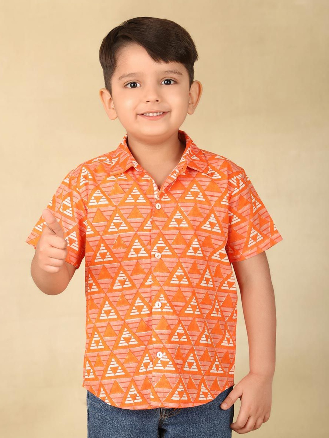 

Fabindia Boys Spread Collar Geometric Printed Cotton Casual Shirt, Orange