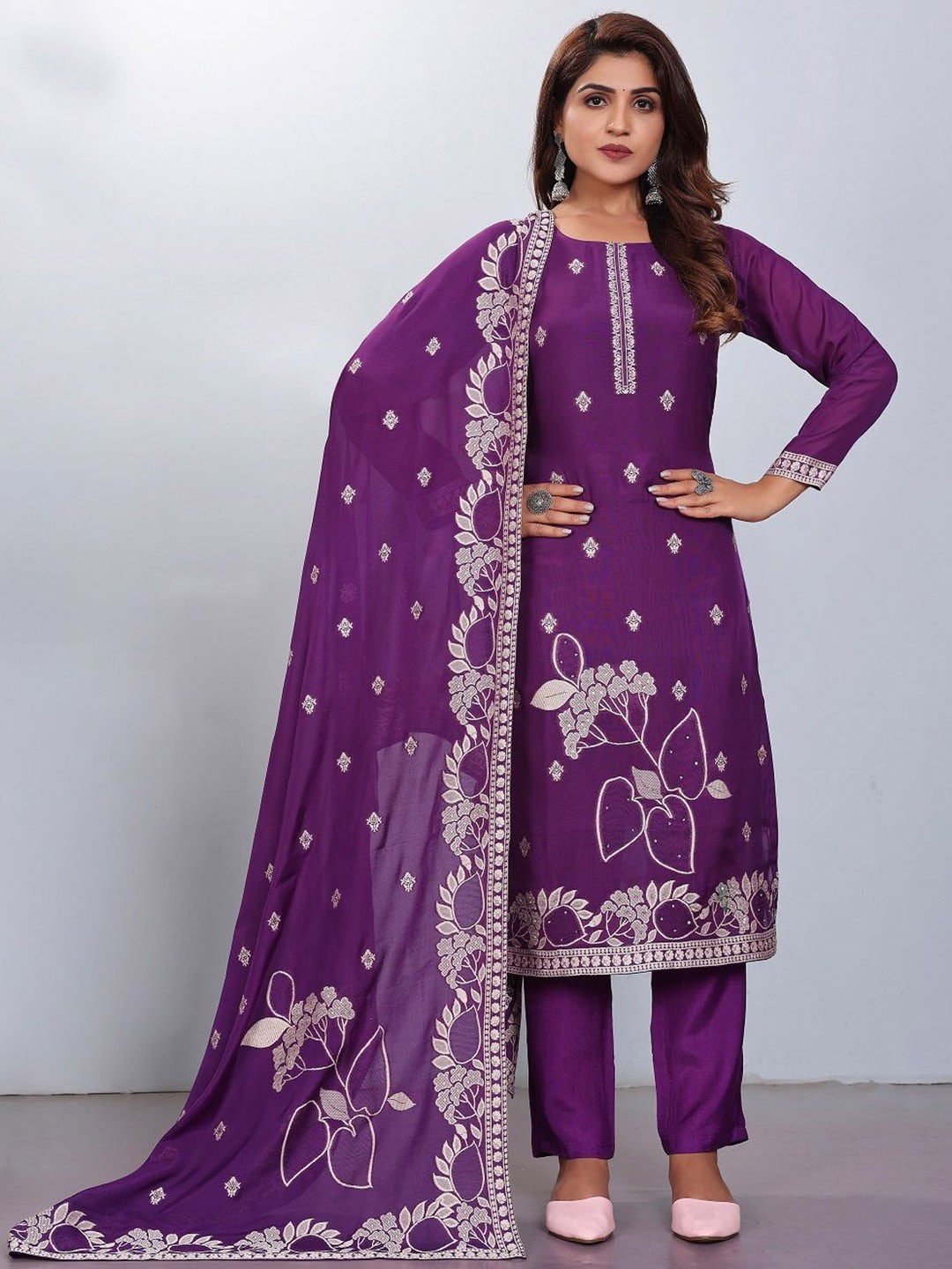 

JIVORA Floral Embroidered Kurta With Trousers & Dupatta, Purple