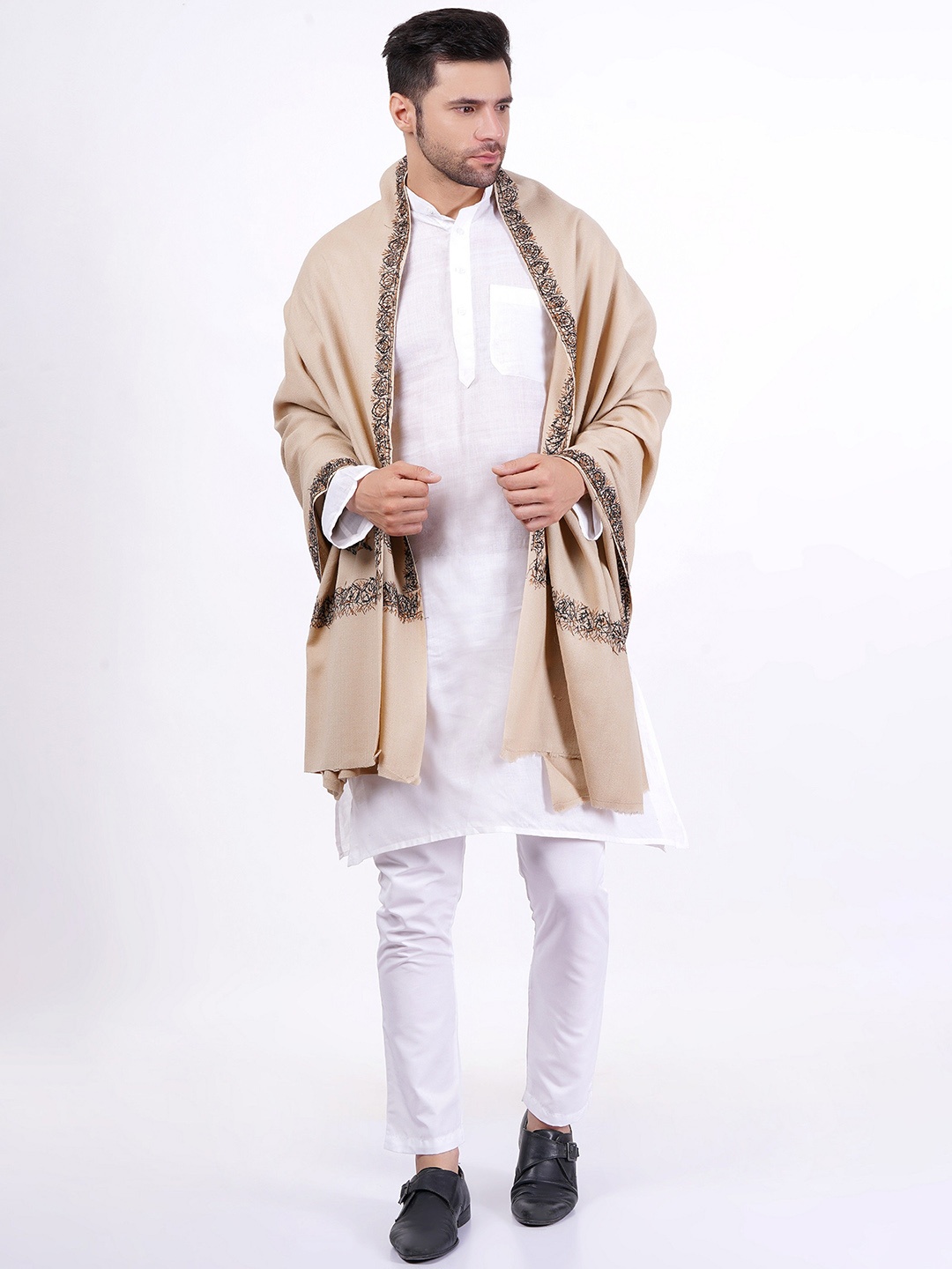 

Vrinde Ethnic Motifs Woven Design Woollen Shawl, Beige