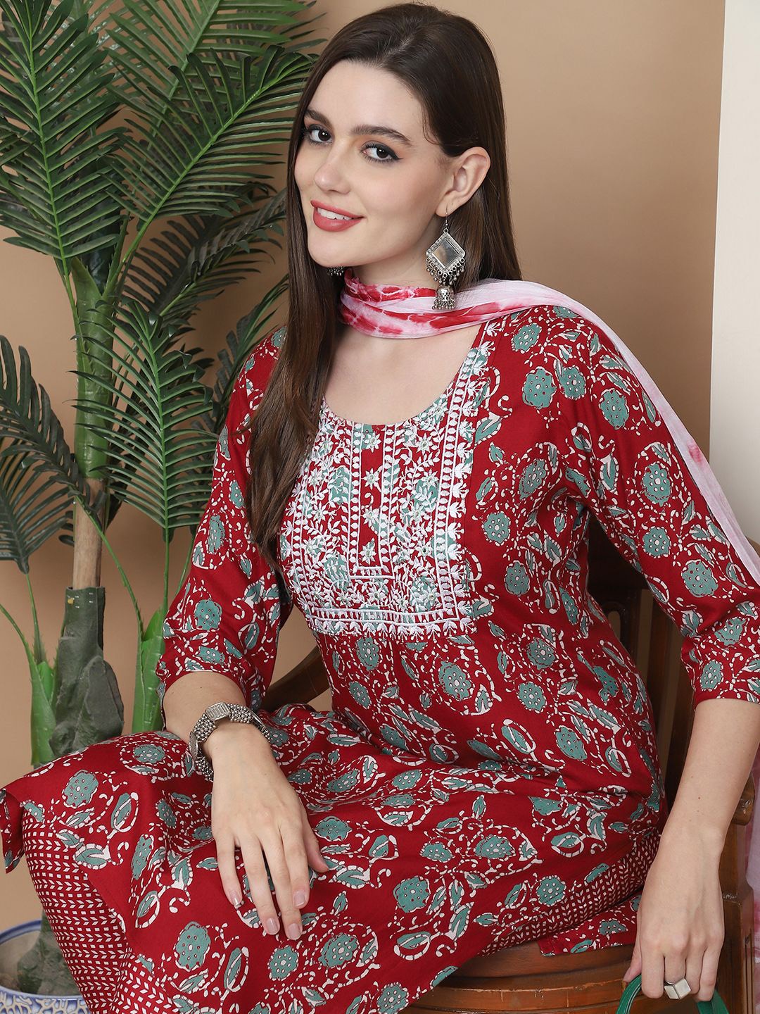 

Anouk Maroon Floral Printed Thread Work Pure Cotton Kurta with Trouser and Dupatta