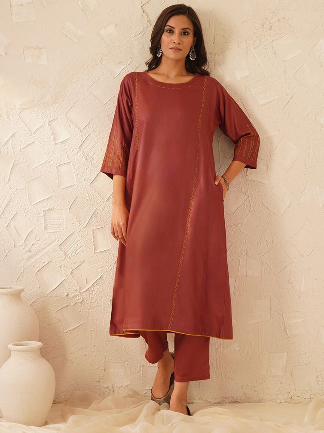 

JAYPORE Ethnic Motifs Embroidered Thread Work Cotton Silk A-Line Kurta, Rust