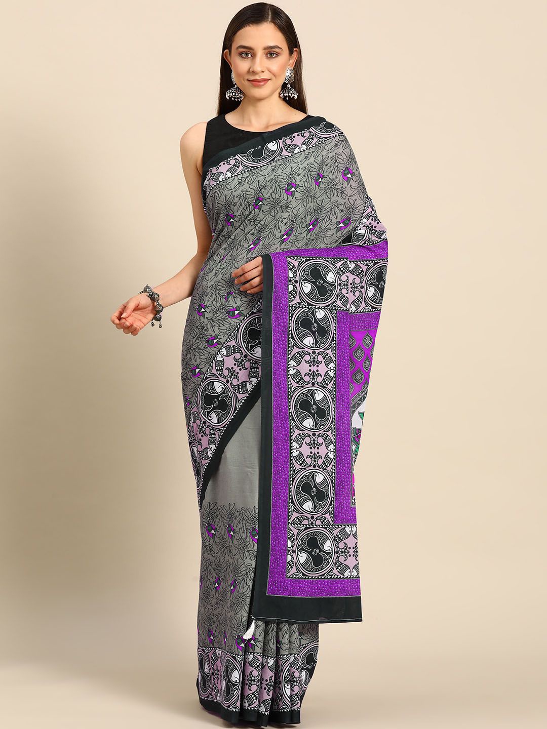 

BUTA BUTI Floral Printed Pure Cotton Saree, Purple