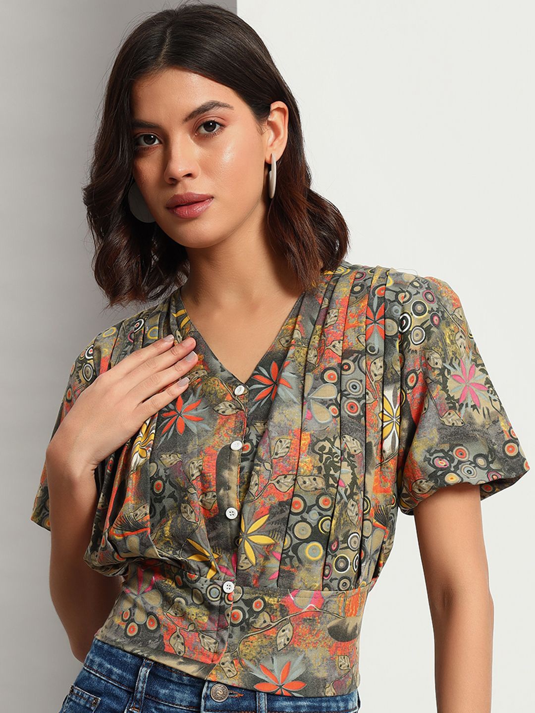 

ADDYVERO Women Floral Printed V-Neck Top, Grey