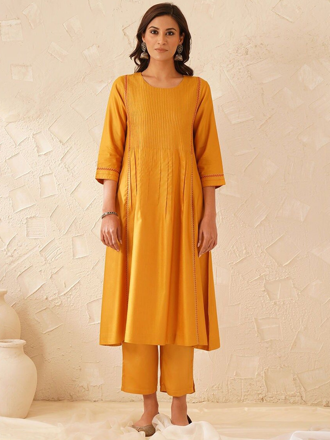 

JAYPORE Striped Embroidered Round Neck Pleated Thread Work A-Line Kurta, Mustard