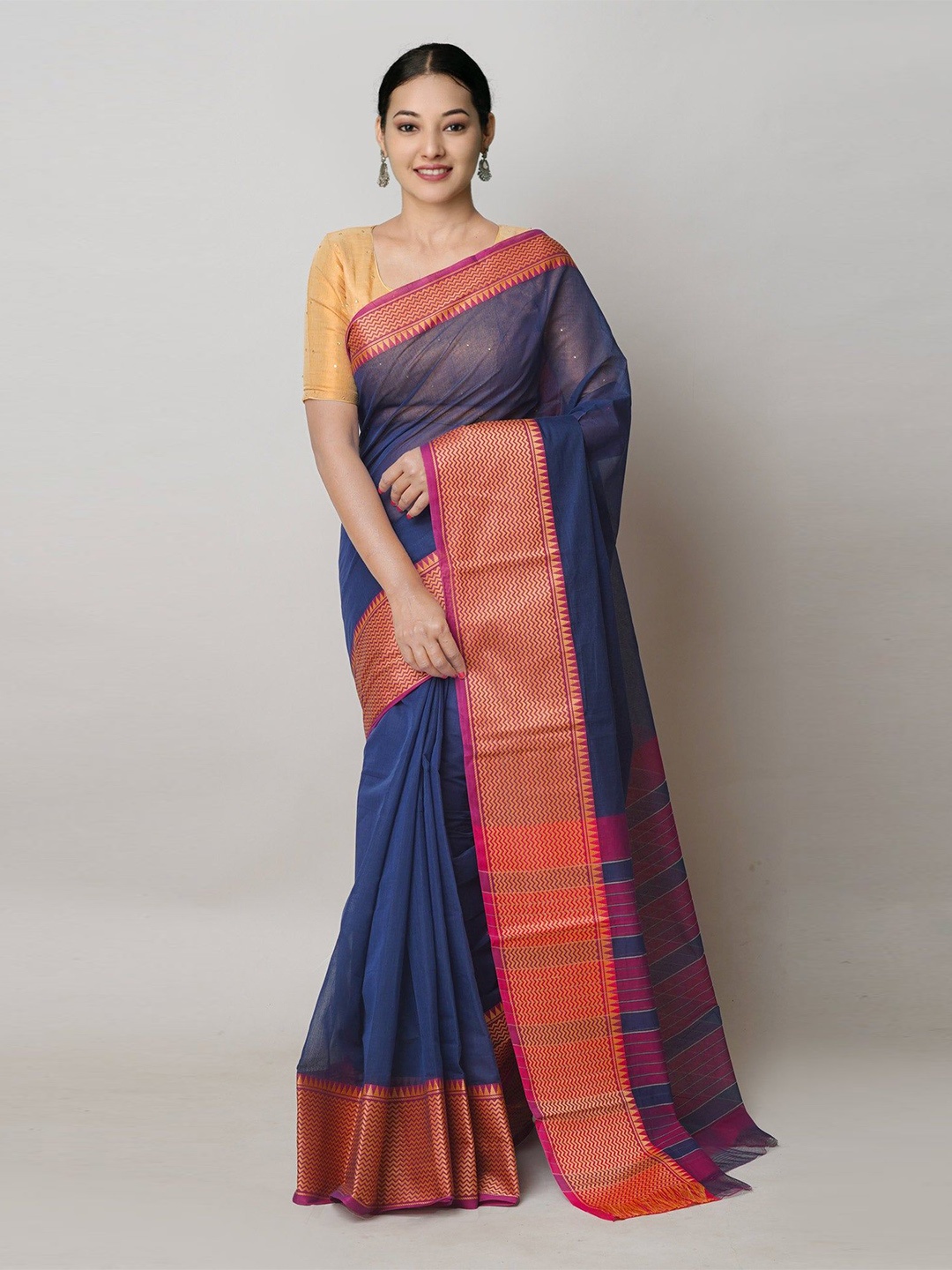 

Unnati Silks Zari Solid Pure Cotton Handloom Narayan Peth Saree, Navy blue