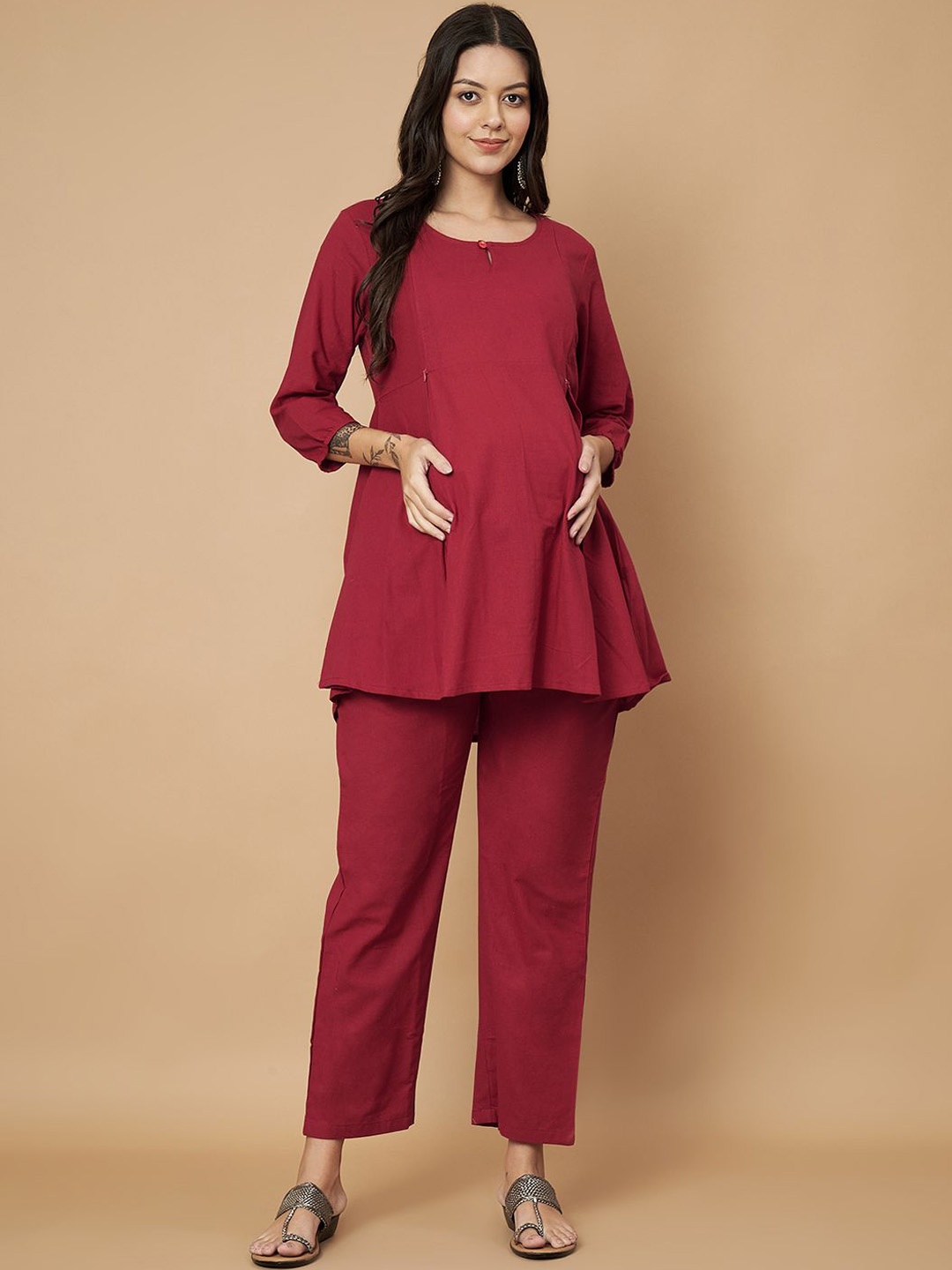 

KALINI Keyhole Neck Pure Cotton Maternity Top With Trousers, Maroon