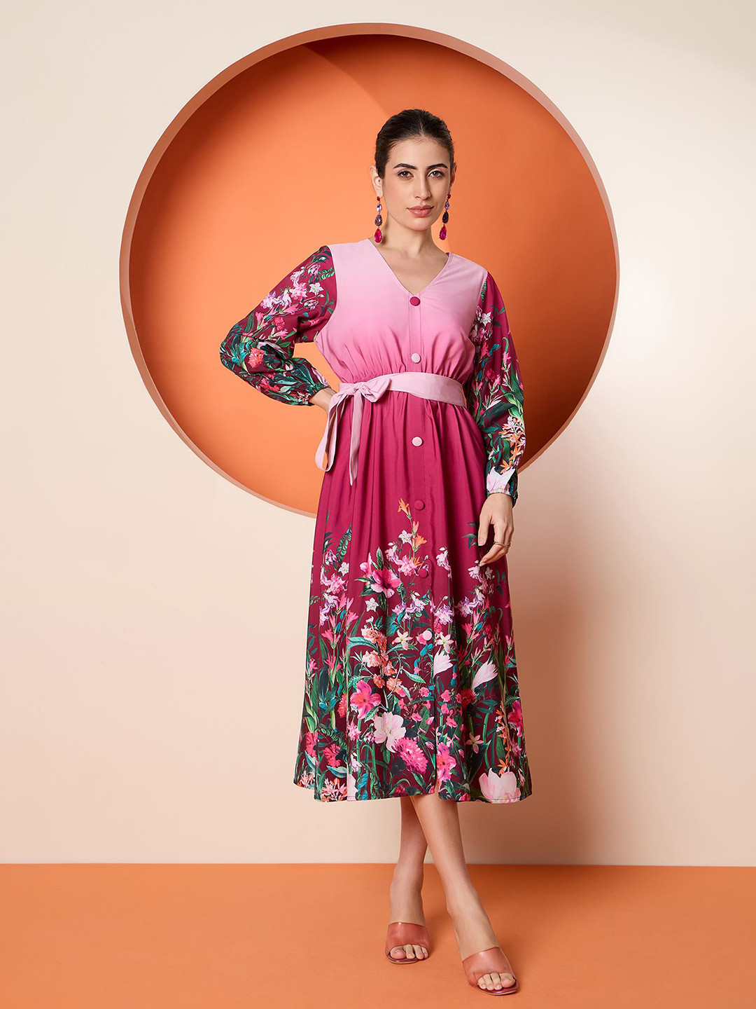 

Antheaa Floral Print A-Line Midi Dress, Pink