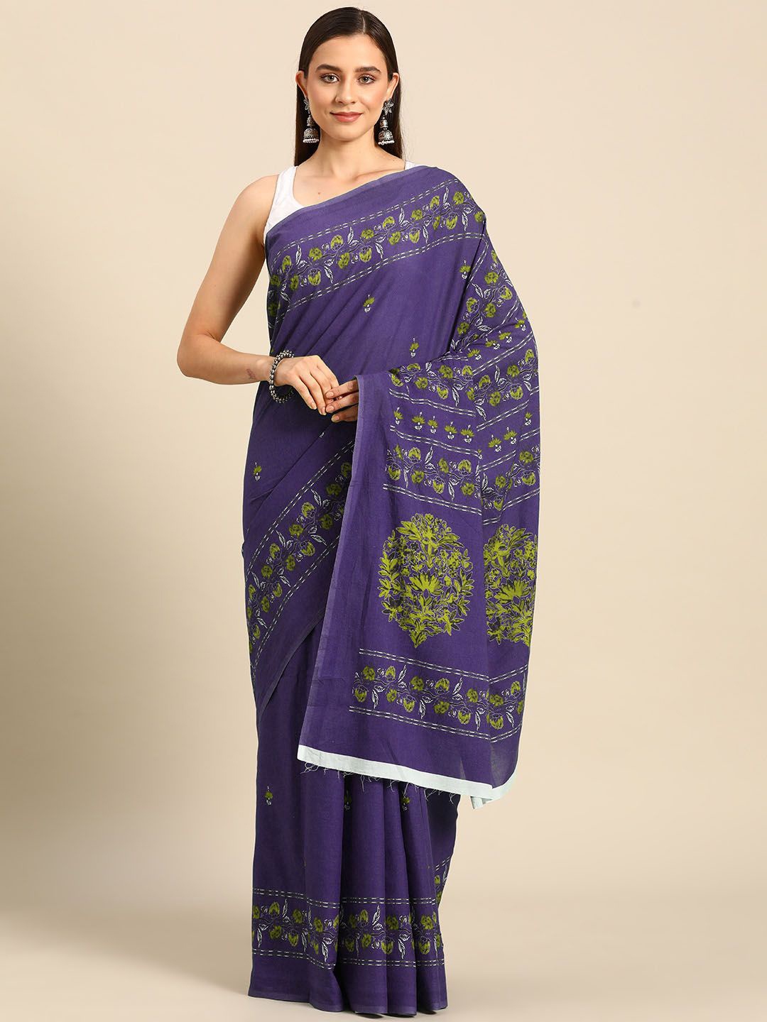 

BUTA BUTI Floral Pure Cotton Saree, Purple
