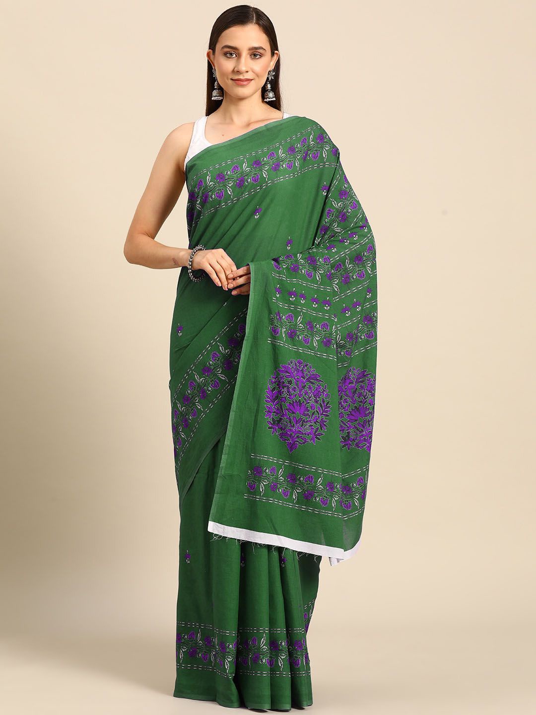 

BUTA BUTI Floral Pure Cotton Saree, Green