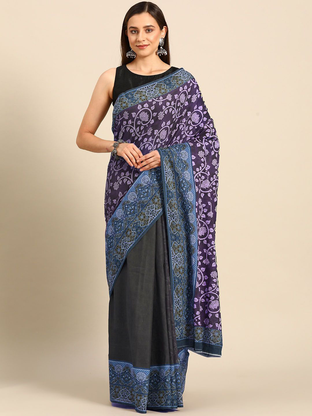

BUTA BUTI Floral Printed Pure Cotton Half and Half Saree, Purple