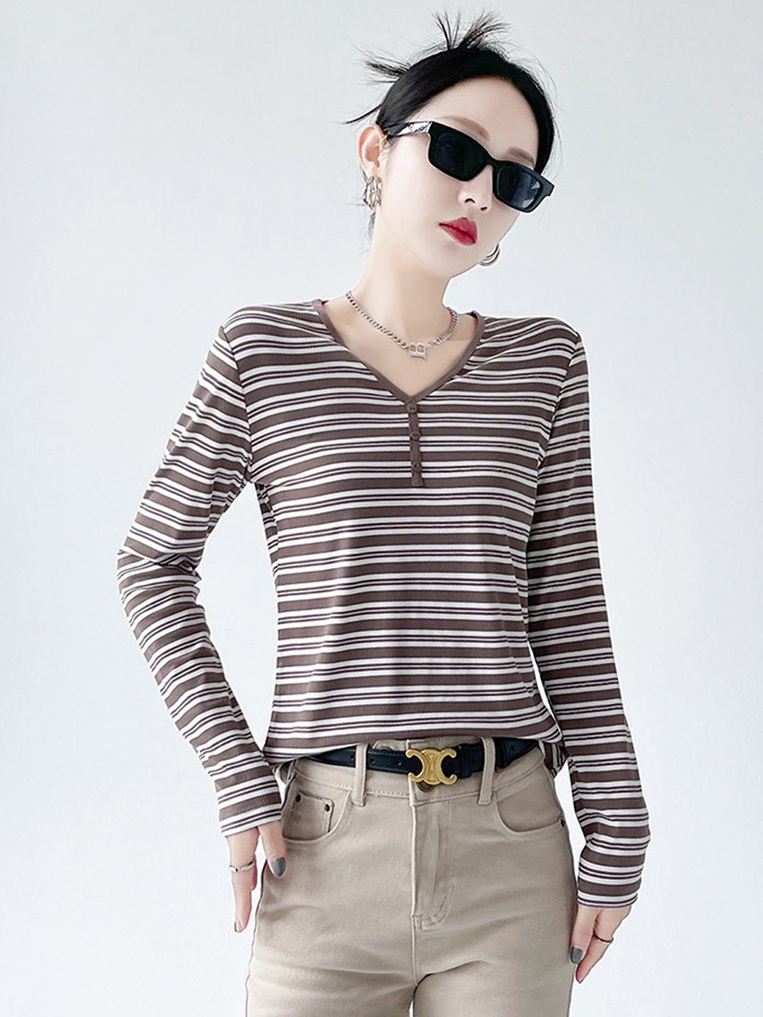 

LULU & SKY Women Horizontal Striped V-Neck Nylon Top, Brown
