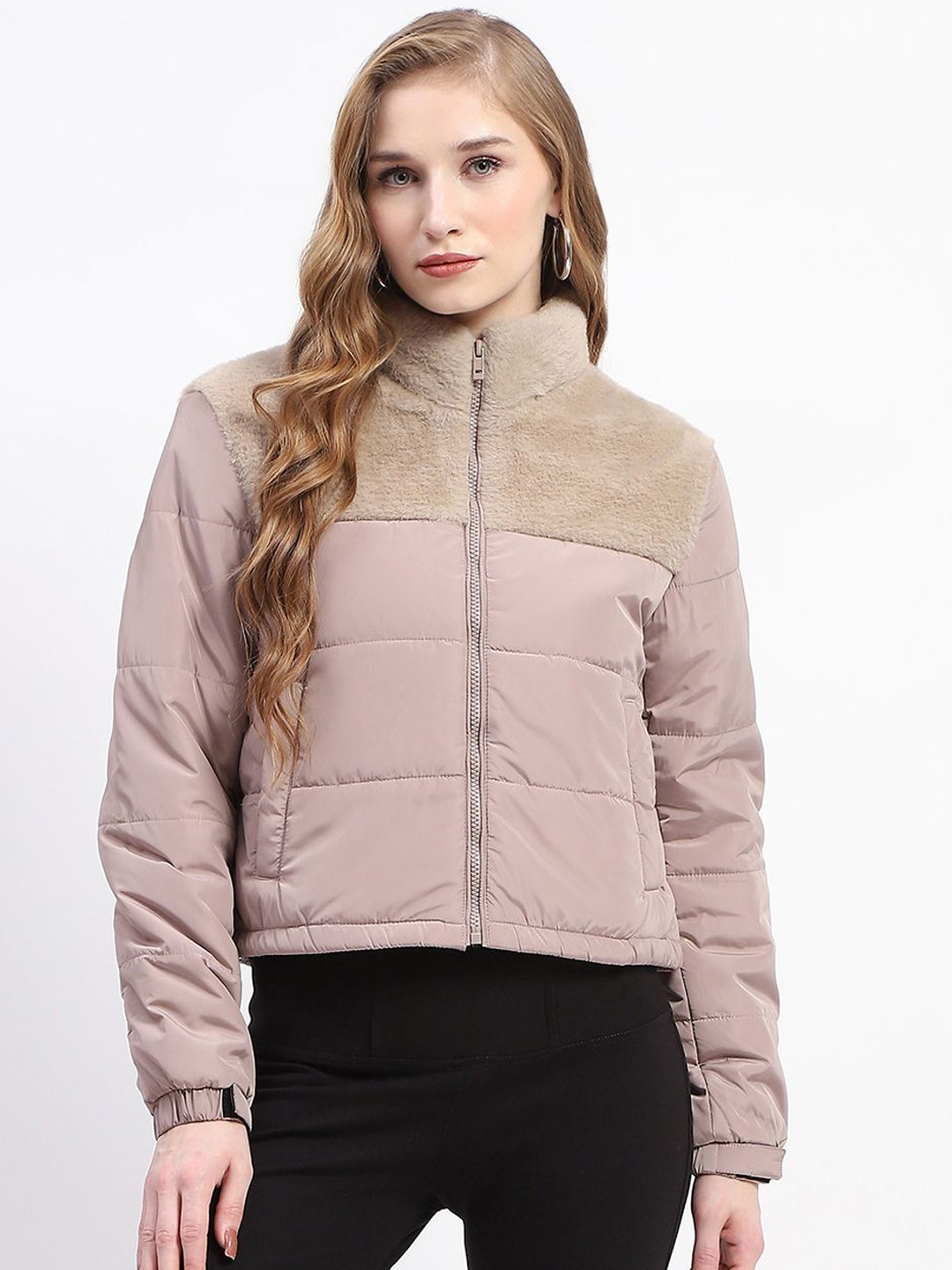 

Madame Women Colourblocked Printed Crop Padded Jacket, Beige