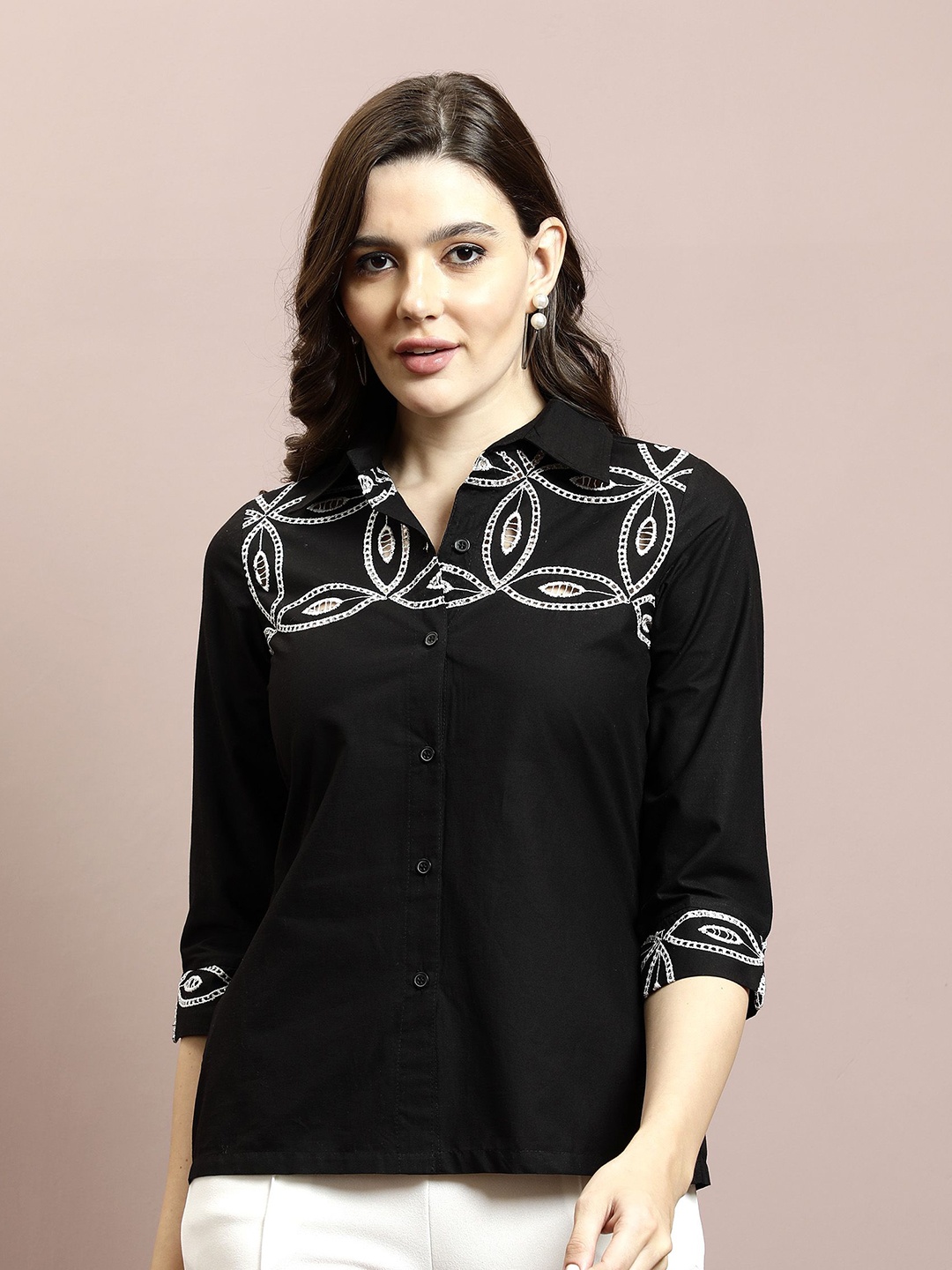 

Athena Women Embellished Shirt Collar Cotton Top, Black