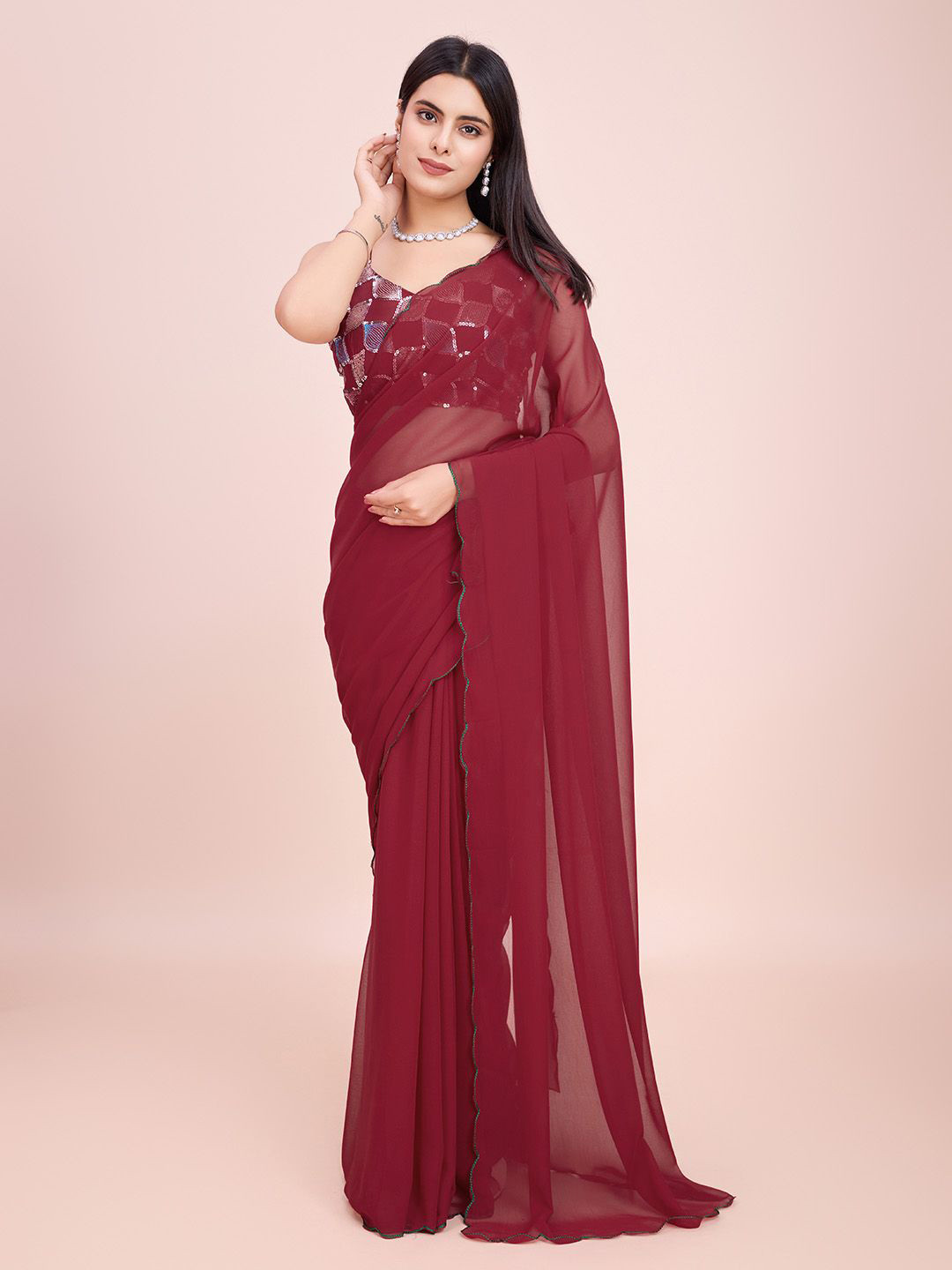 

STYLEELITE Solid Poly Georgette Saree, Maroon
