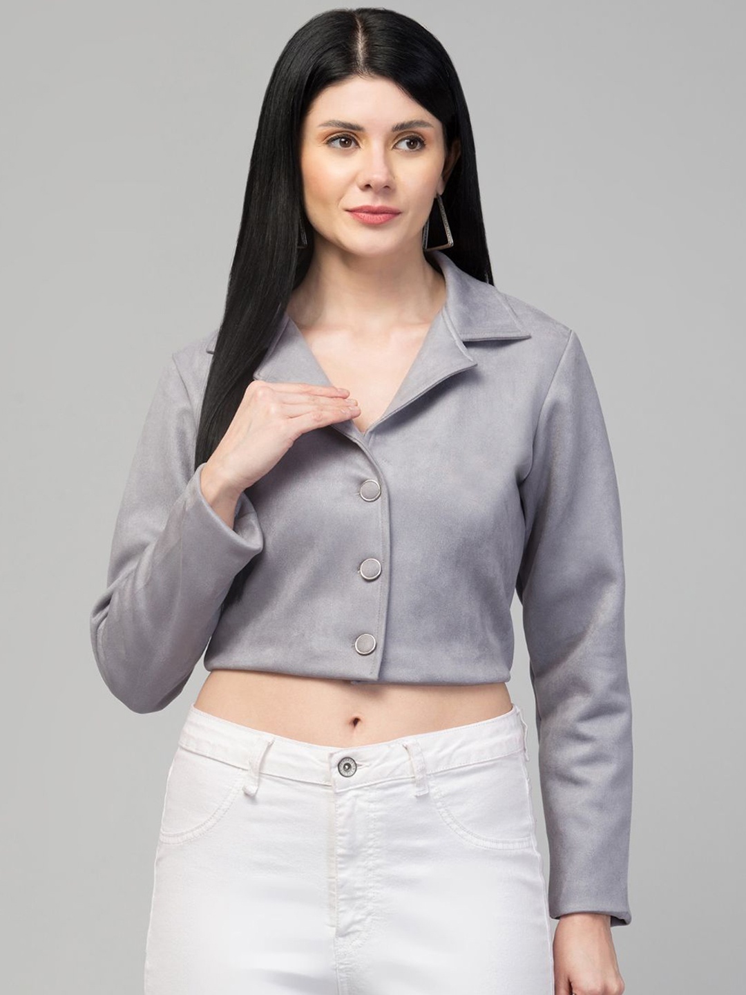 

GalaxyTrendz Notched Lapel Collar Single Breasted Velvet Comfort-Fit Cropped Casual Blazer, Grey