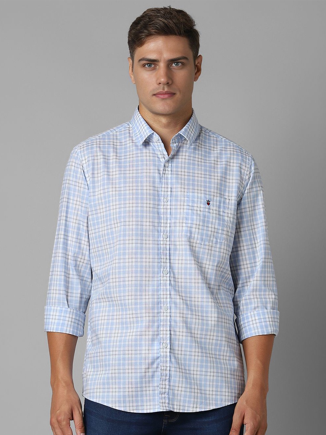 

Louis Philippe Sport Men Spread Collar Checked Cotton Slim Fit Casual Shirt, Blue