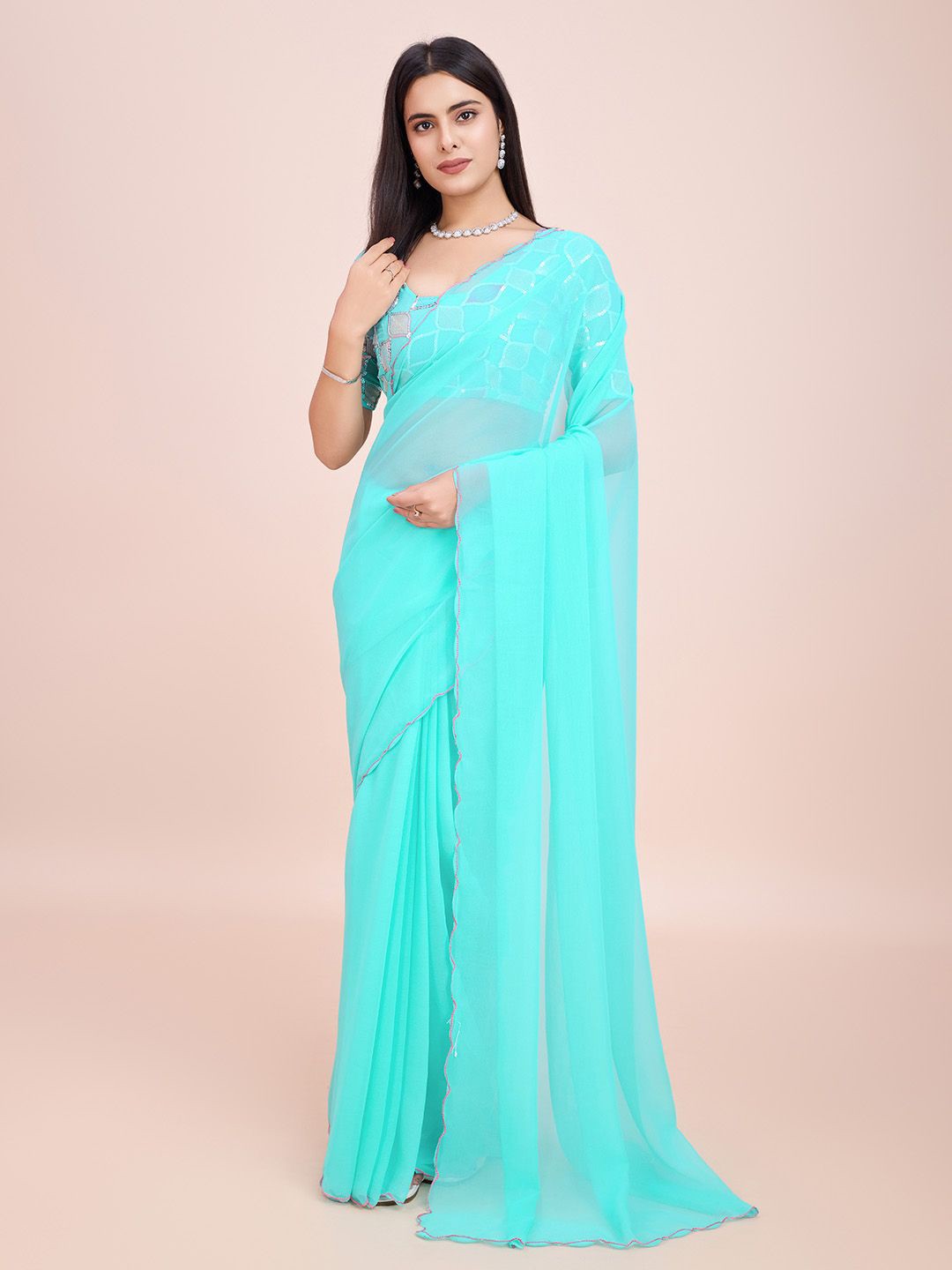 

STYLEELITE Sequinned Embellished Saree With Blouse Piece, Sea green