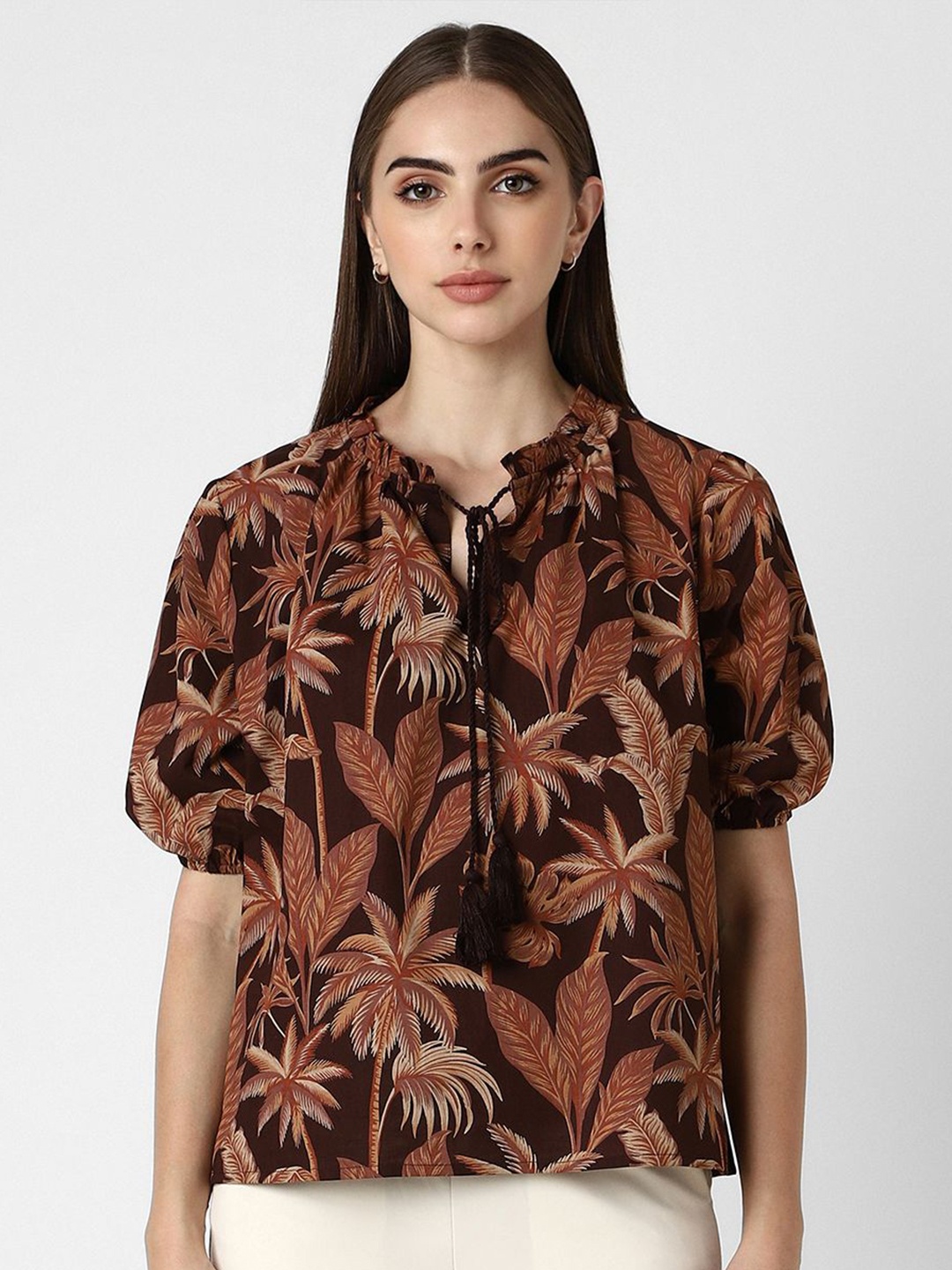 

Van Heusen Woman Tropical Printed Tie-Up Neck Cotton Top, Brown