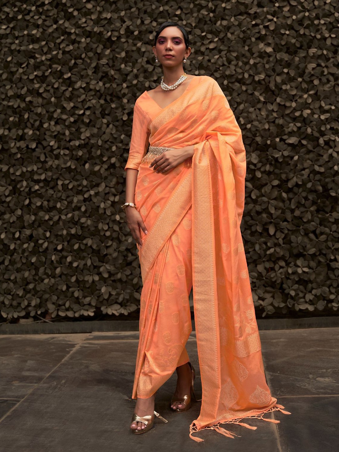 

ODETTE Ethnic Motifs Woven Design Zari Saree, Orange