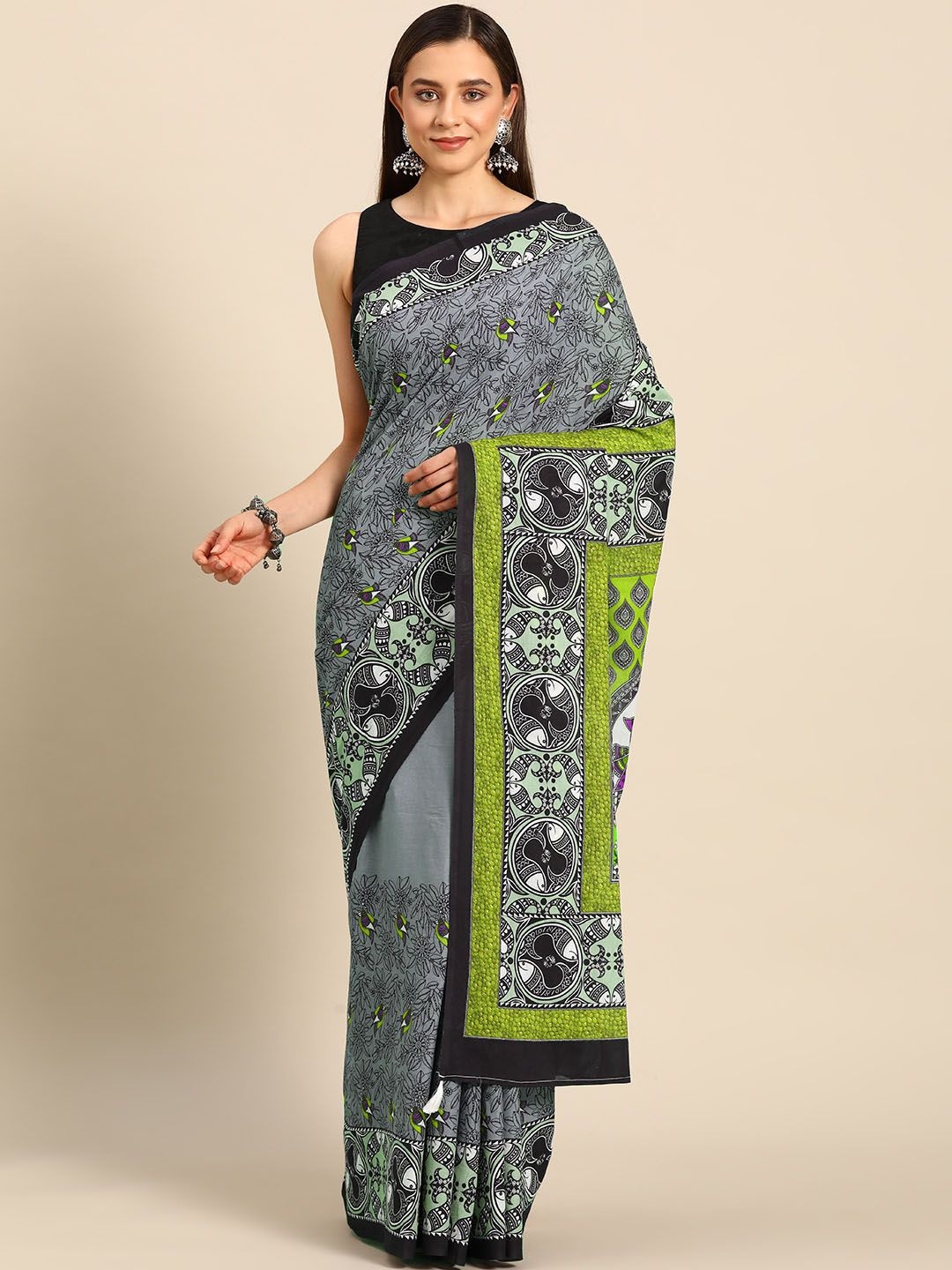 

BUTA BUTI Floral Pure Cotton Saree, Olive
