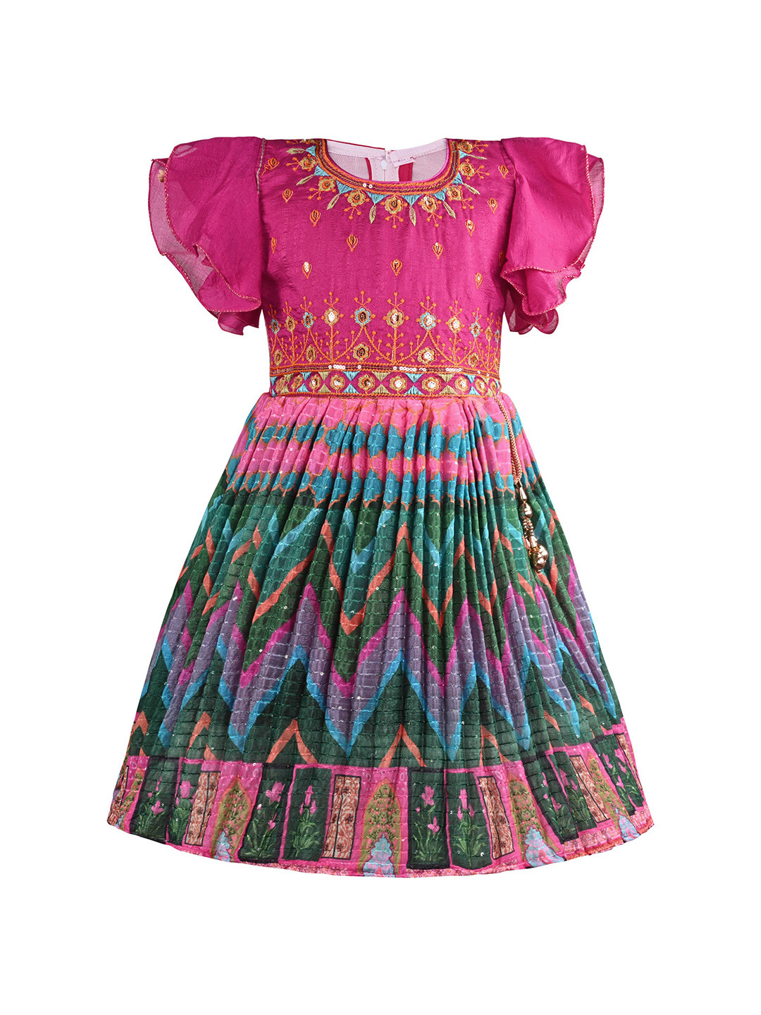 

Wish Karo Girls Abstract Printed Embroidered Fit & Flare Dress, Pink