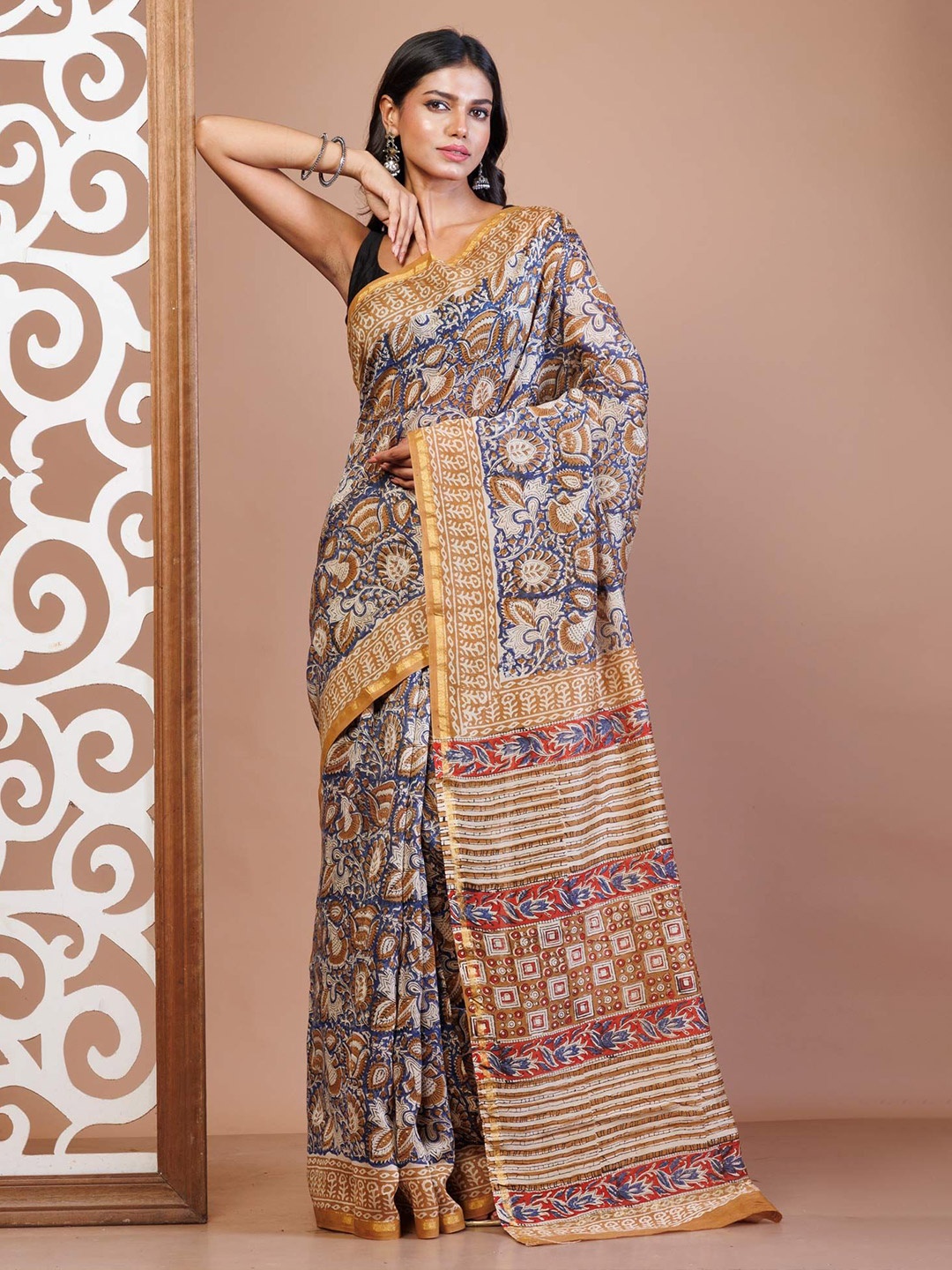 

Unnati Silks Ethnic Motifs Zari Silk Cotton Handloom Chanderi Saree, Blue