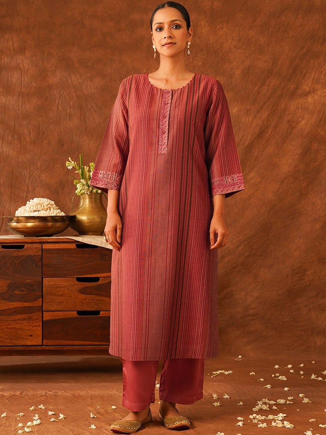 

JAYPORE Striped Printed Zari Cotton Silk A-Line Kurta, Rust