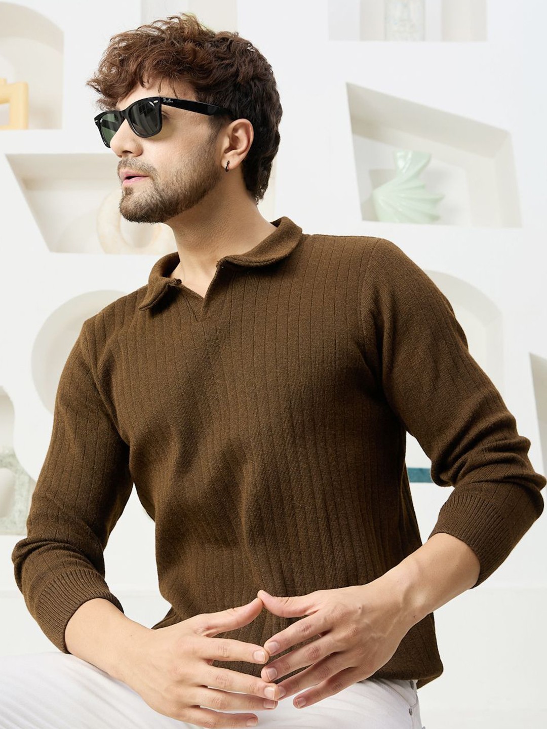 

KVETOO Men Striped Pullover, Brown