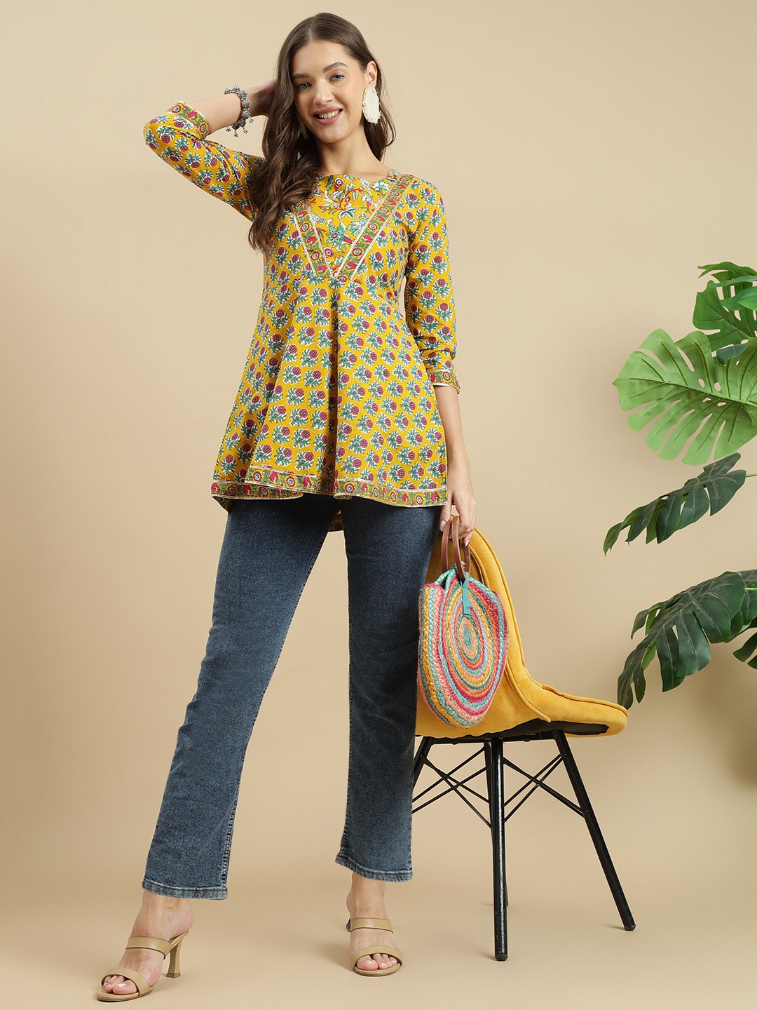 

KALINI Women Floral Printed Round Neck Cotton Top, Mustard