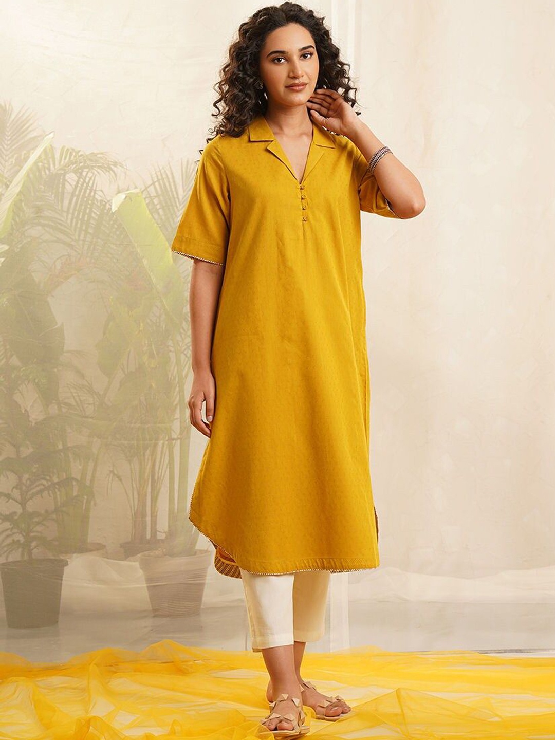 

JAYPORE Shirt Collar Pure Cotton Pathani Kurta, Mustard