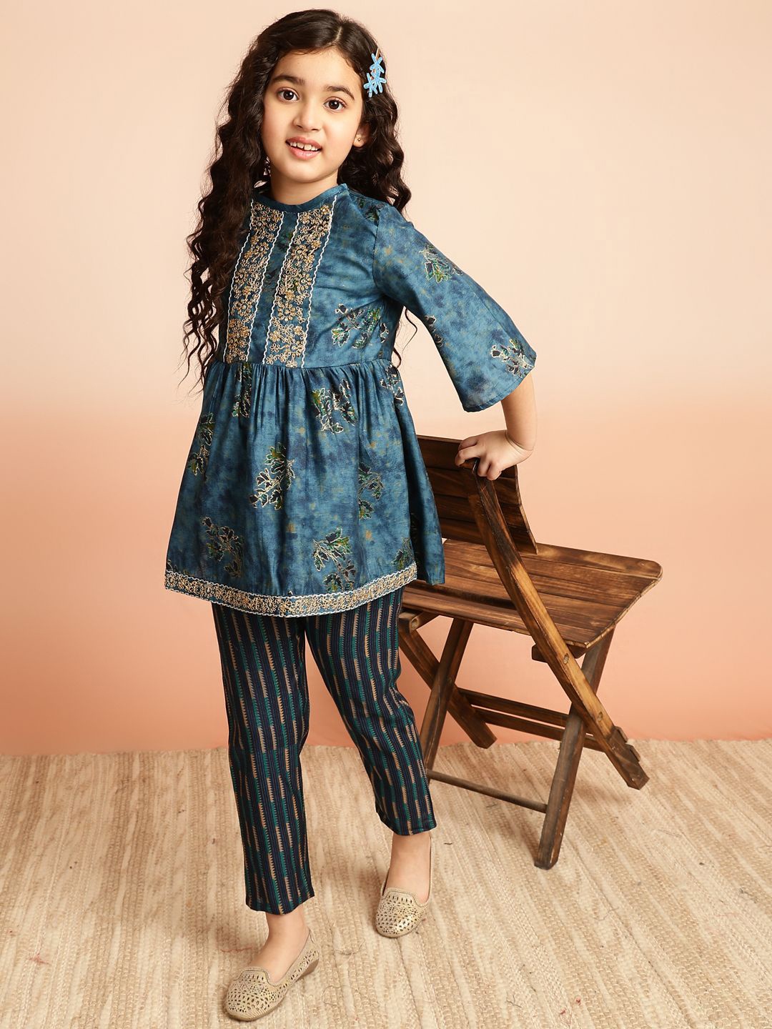 

BAESD Girls Floral Embroidered Top With Trousers, Blue