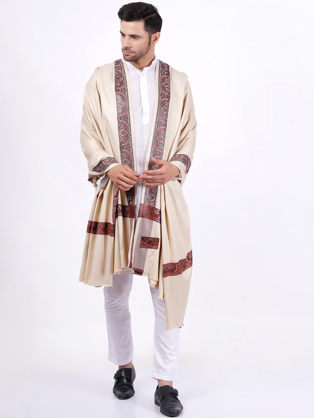 

Vrinde Ethnic Motifs Woven Design Woollen Shawl, Tan